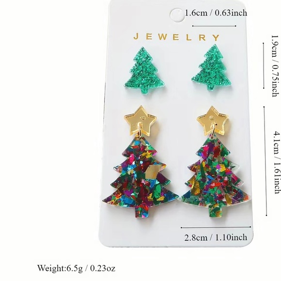 NWT 2 Christmas Tree Acrylic Earrings Green Glitter & Multi Color Confetti Foil - Picture 4 of 6